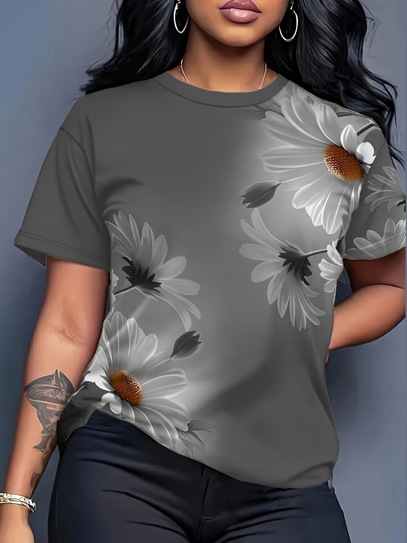 Women’s Plus Size Short Sleeve T-Shirt Polyester Spandex Floral Print