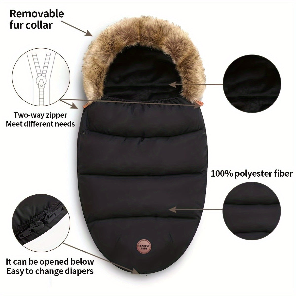 Unisex Baby Stroller Footmuff Warm Bag with Detachable Fur Collar and Foot Cover in Grey Black and Army Green