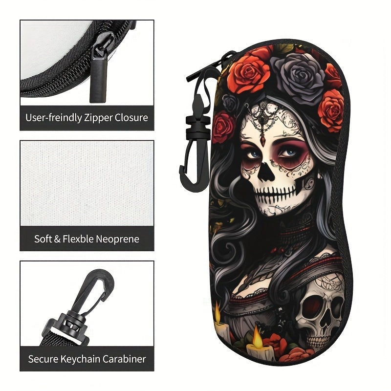 Ultra-Light Sugar Skull Glasses Case with Zipper Durable Rubber Eyewear Protector for Men and Women