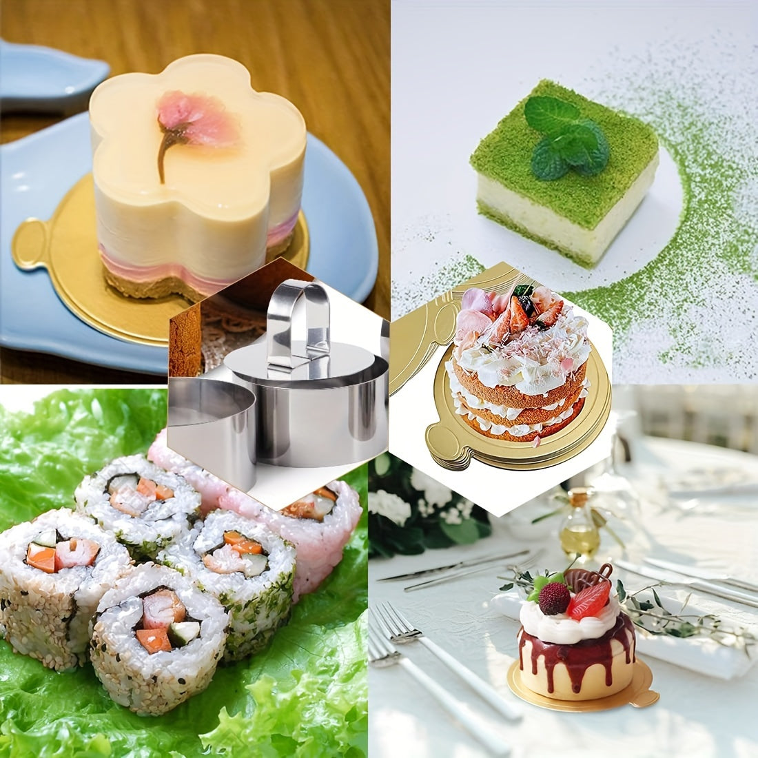 Stainless Steel Cake Mold Set with Push Plate Circular Heart Flower Shapes for Cheesecakes Pastries Cookies