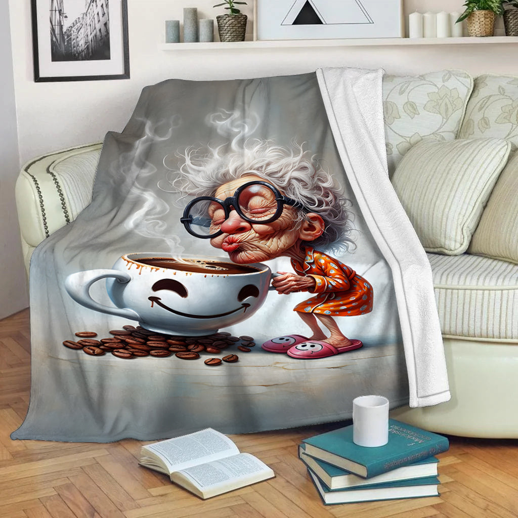 Cozy Flannel Blanket with Coffee Print Lightweight All-Season Knit Throw for Living Room Bed Decor