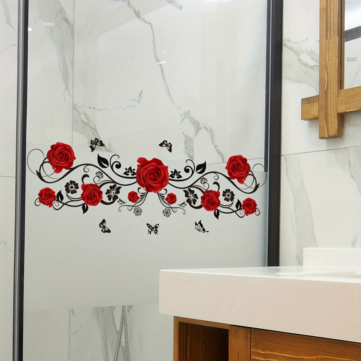 Modern Rose and Butterfly Vine Mirror Decal Set Self-Adhesive PVC Bathroom Shower Door Decor