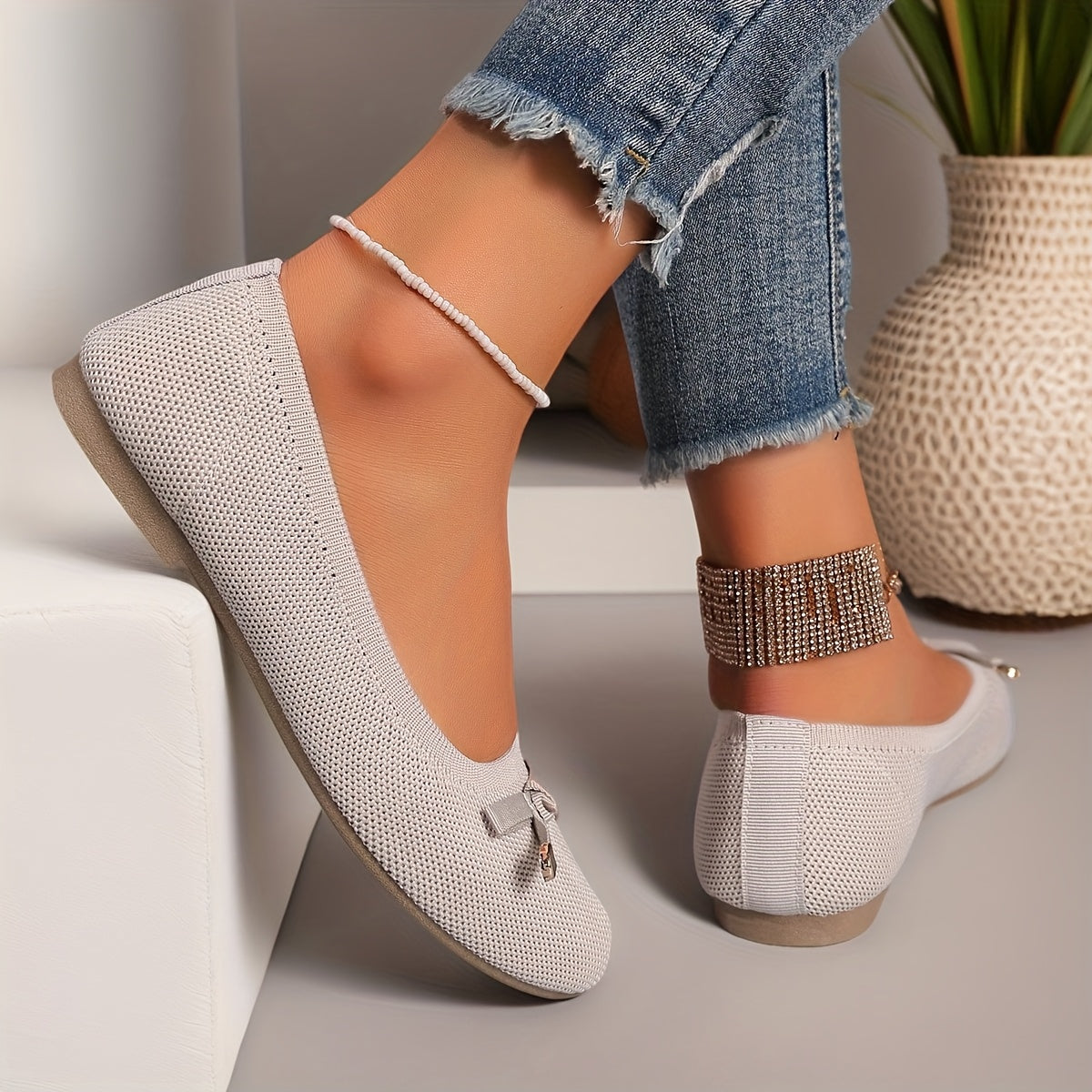 Women’s Casual Ballet Flats Soft Knit Fabric Round Toe Slip-Ons