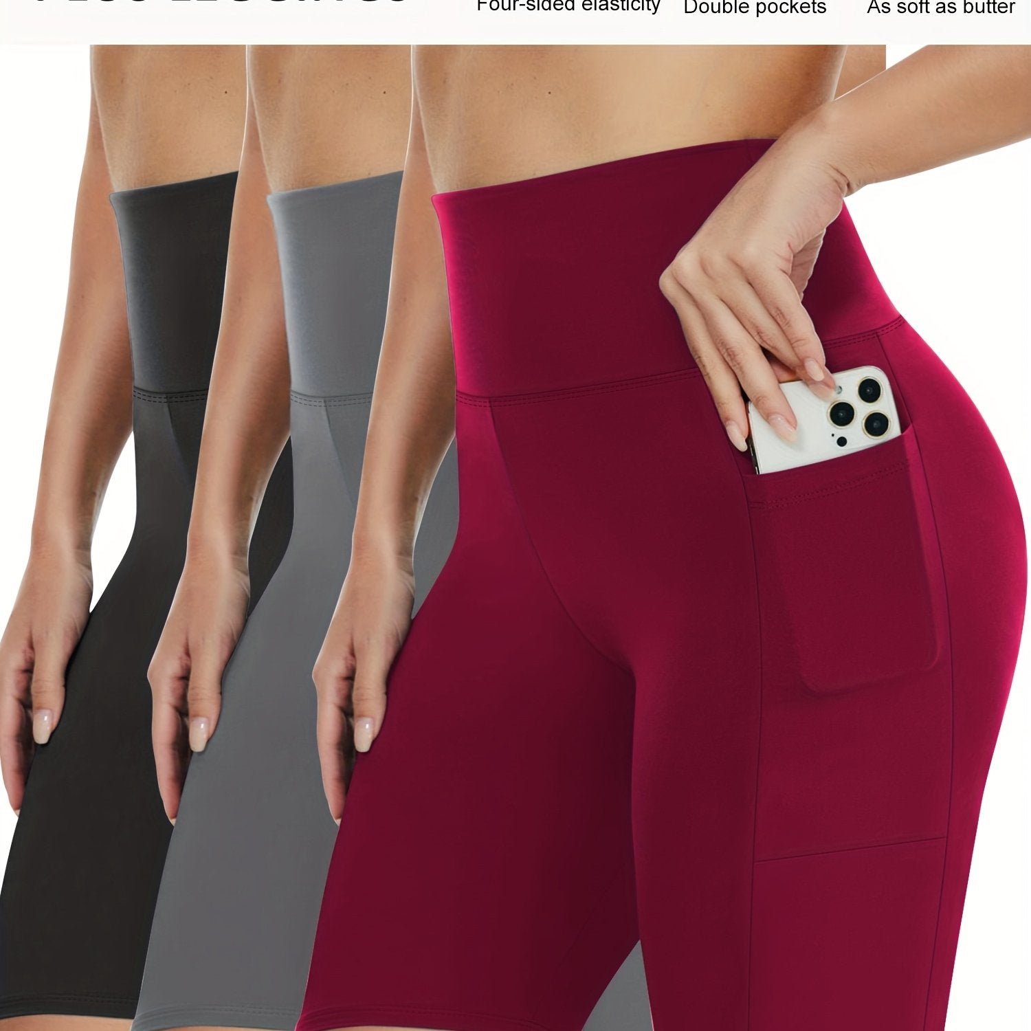 Plus Size Solid Skinny Shorts Casual Stretchy Side Pocket Leggings