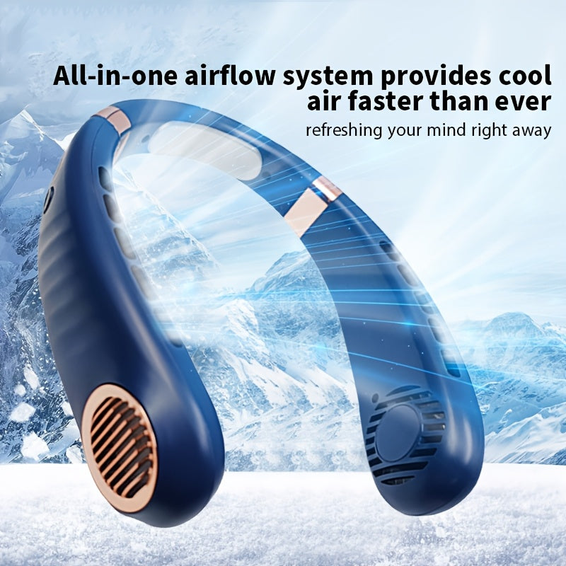 Portable USB Rechargeable Neck Fan with Silent Leafless Design, 5-Speed Adjustment for Outdoor Cooling
