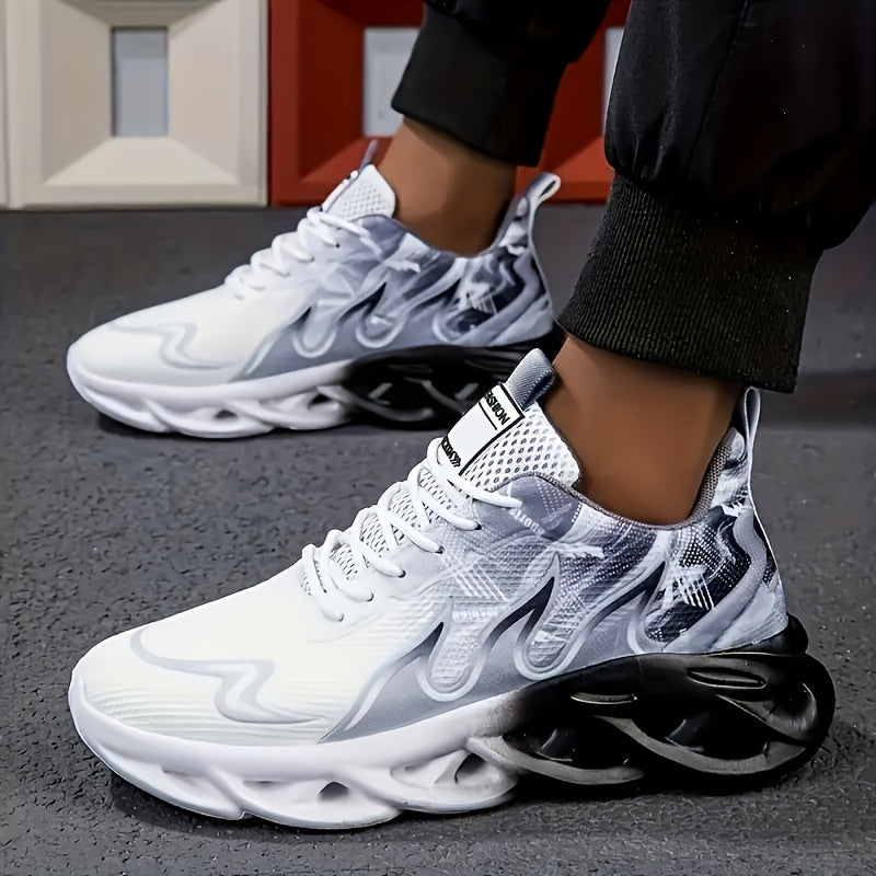 Zapatillas deportivas casuales para hombre con parte superior de punto transpirable, suela amortiguadora de impacto MD, de perfil bajo, con cordones, en gris y blanco