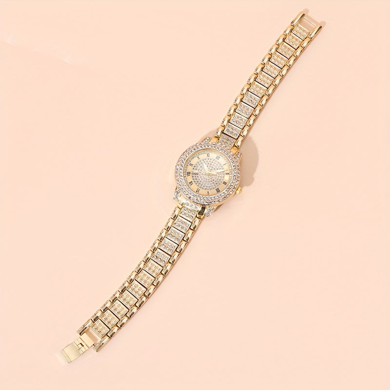 Women's Luxury Rhinestone Quartz Watch Set with Bracelet, Analog Roman Dial