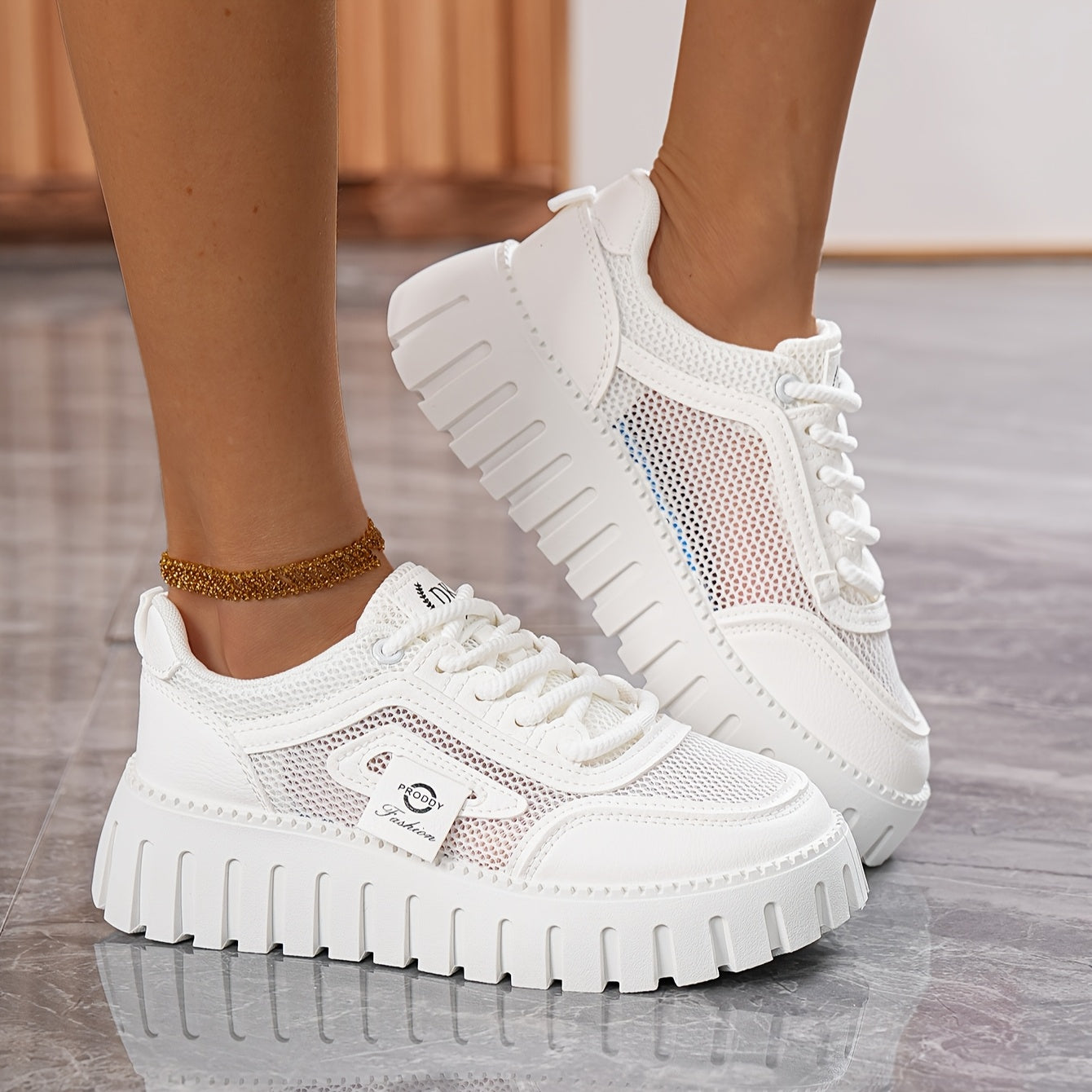Women's Mesh Platform Sneakers White Cushioned Rubber Sole Summer Casual Shoes
