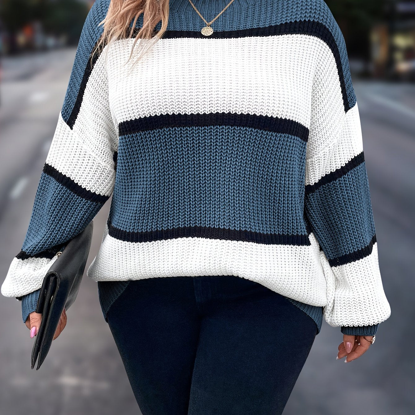 Plus Size Women's Striped Knit Sweater Long Sleeve Mock Neck Fall Winter