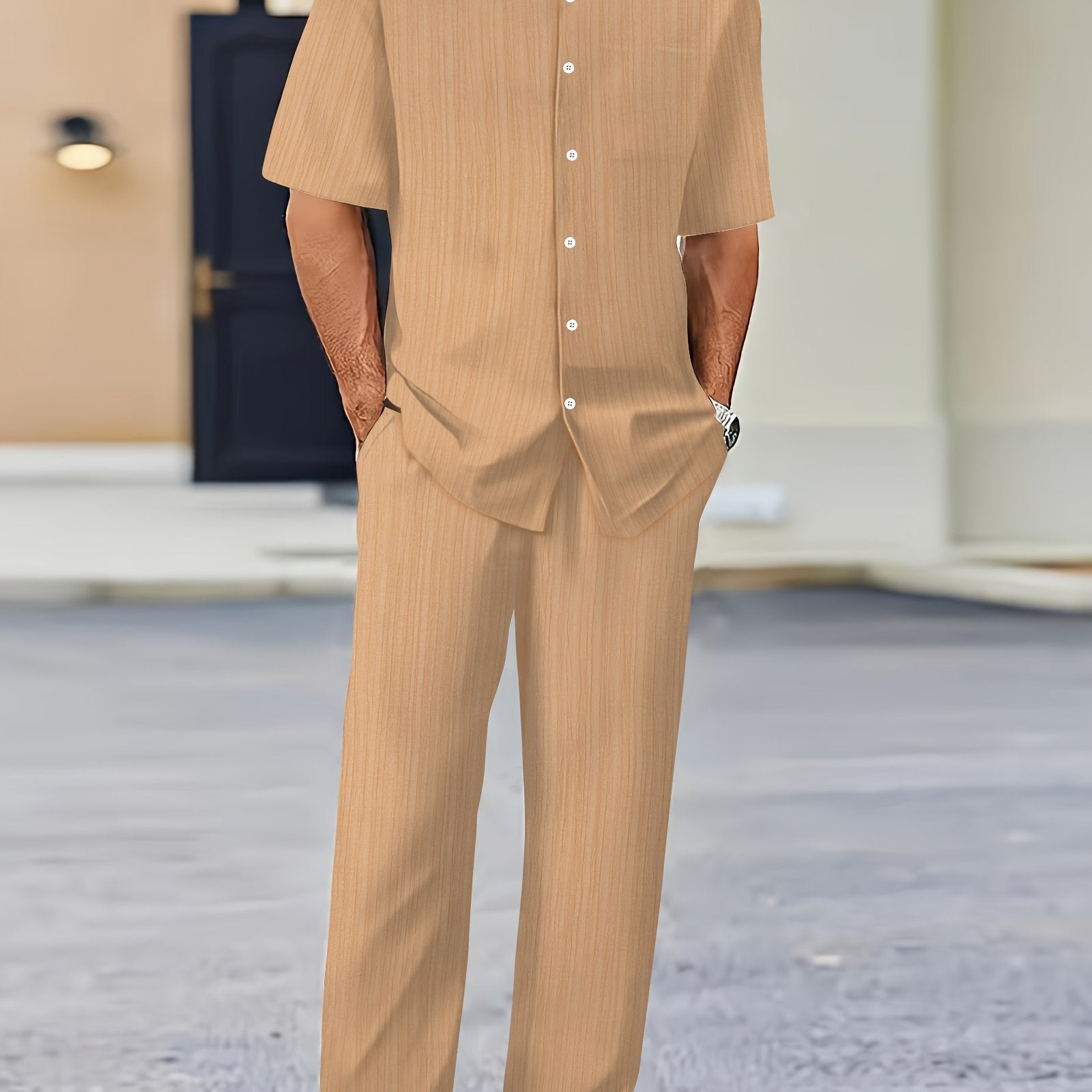 Men's Short Sleeve Striped Sweatsuit Set with Button Collar and Elastic Waist Pants Summer Woven Polyester Spandex