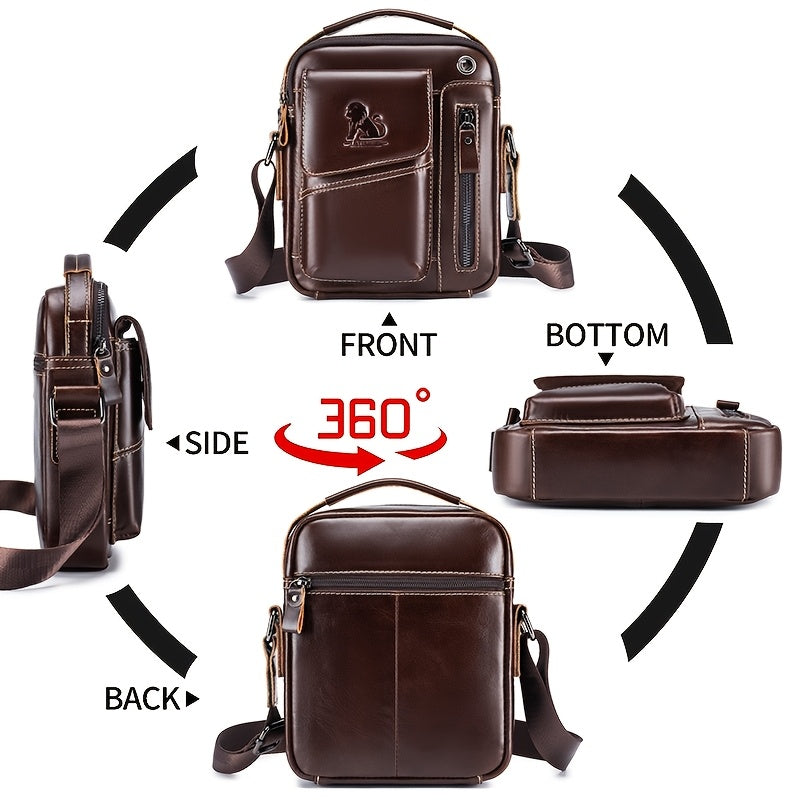 Men's Genuine Leather Crossbody Bag with Multi-Compartment Zipper Dark Brown