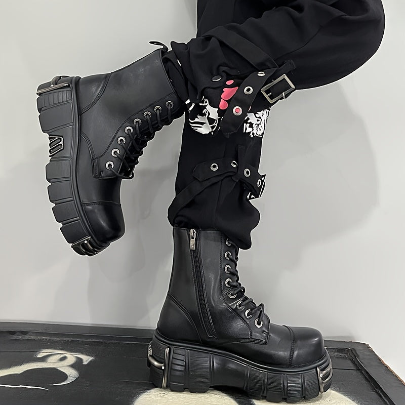Women's Y2K Punk Ankle Boots Leather Platform Lace-Up Zipper