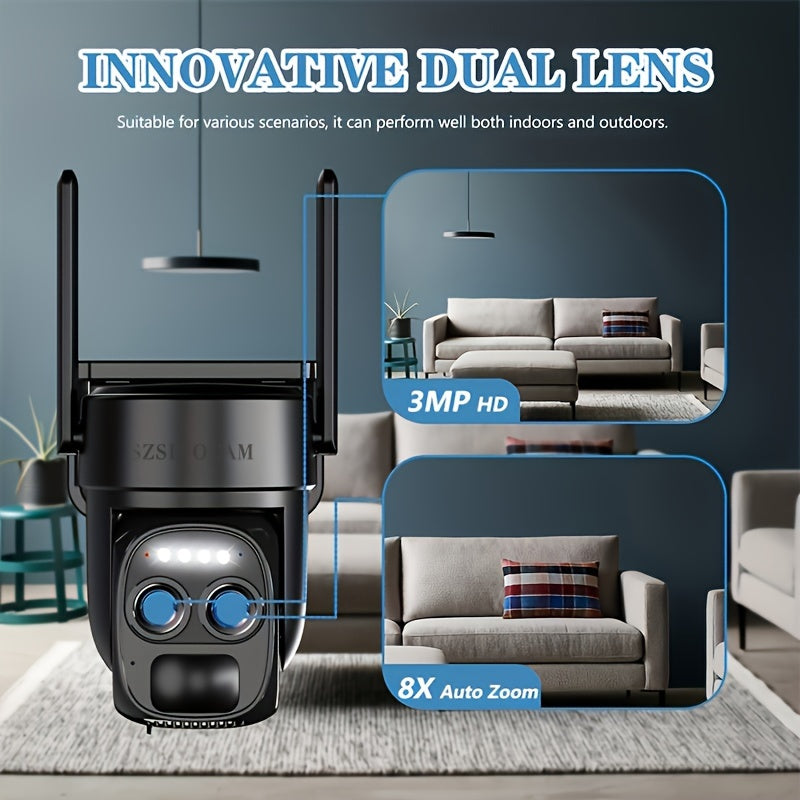 Outdoor Solar Security Camera with Dual Lens WiFi Night Vision Two-Way Audio Motion Detection