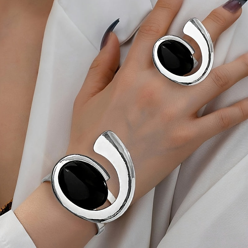 Vintage temir zargarlik to'plami - Geometrik oval plastik inlay bilan ochiq bilaguzuk va uzukni o'z ichiga oladi, kundalik yoki bayram kiyish uchun mukammal - 2 dona