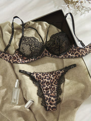 Leopard Print Lace Bra Set for Women with Steel Ring