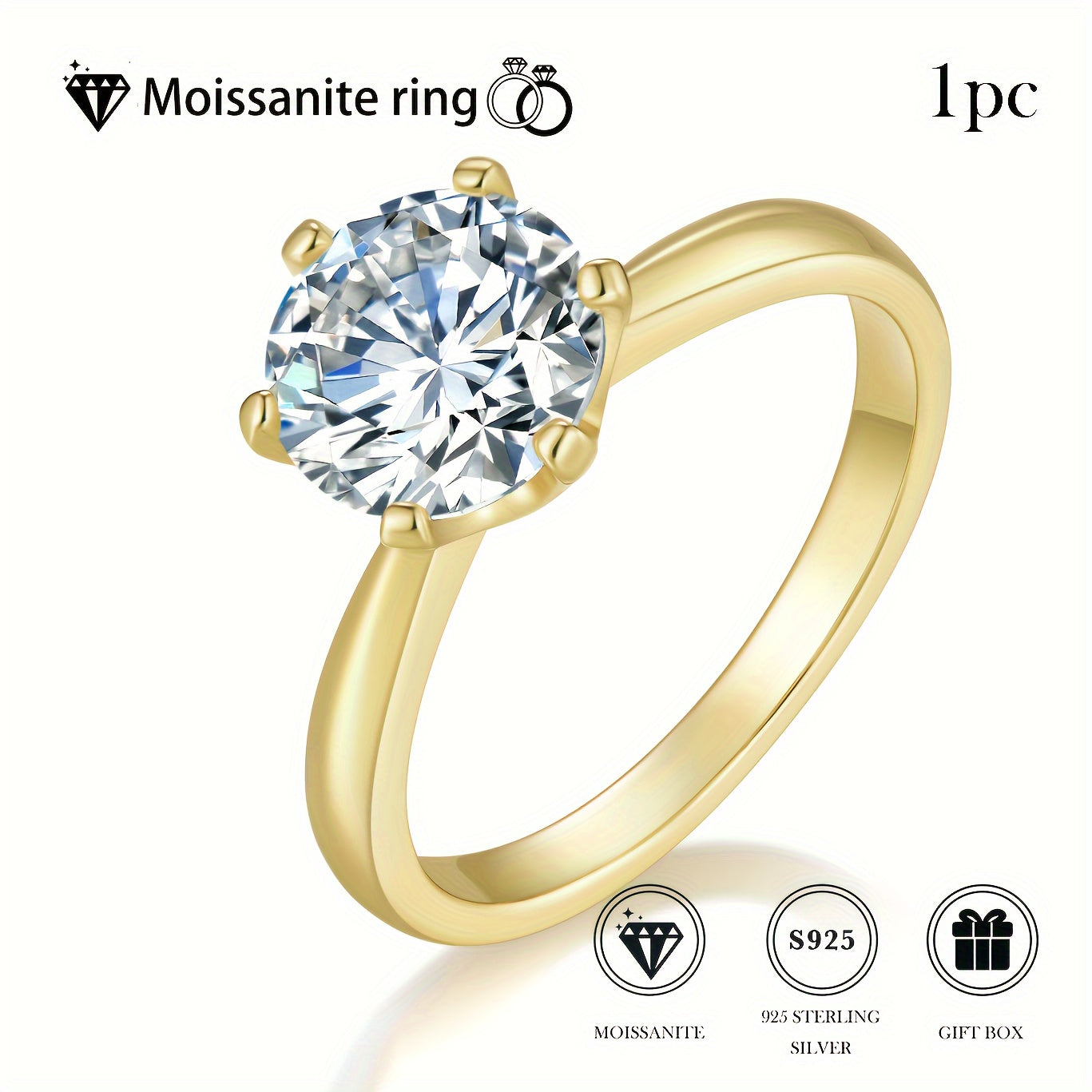 Anillo de compromiso de moissanita de plata de ley 1ct 2ct 3ct 5ct joyería de boda