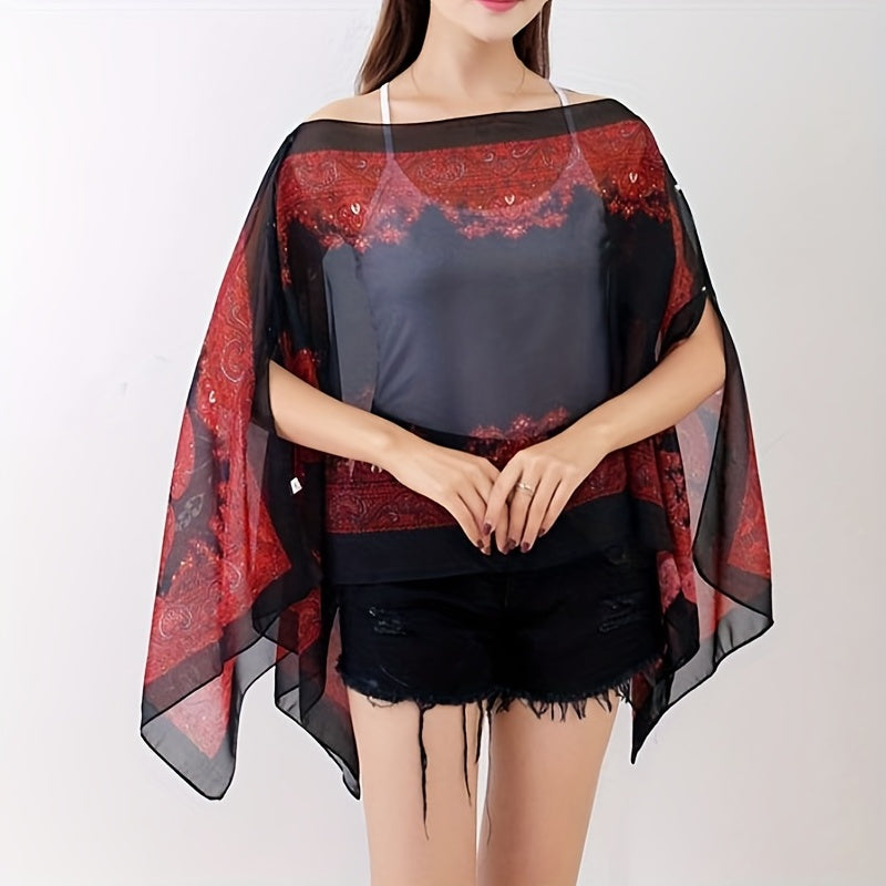 Boho Chic Paisley Print Chiffon Shawl Wrap for Travel and Beach Sunscreen Cover Windproof Cardigan Towel