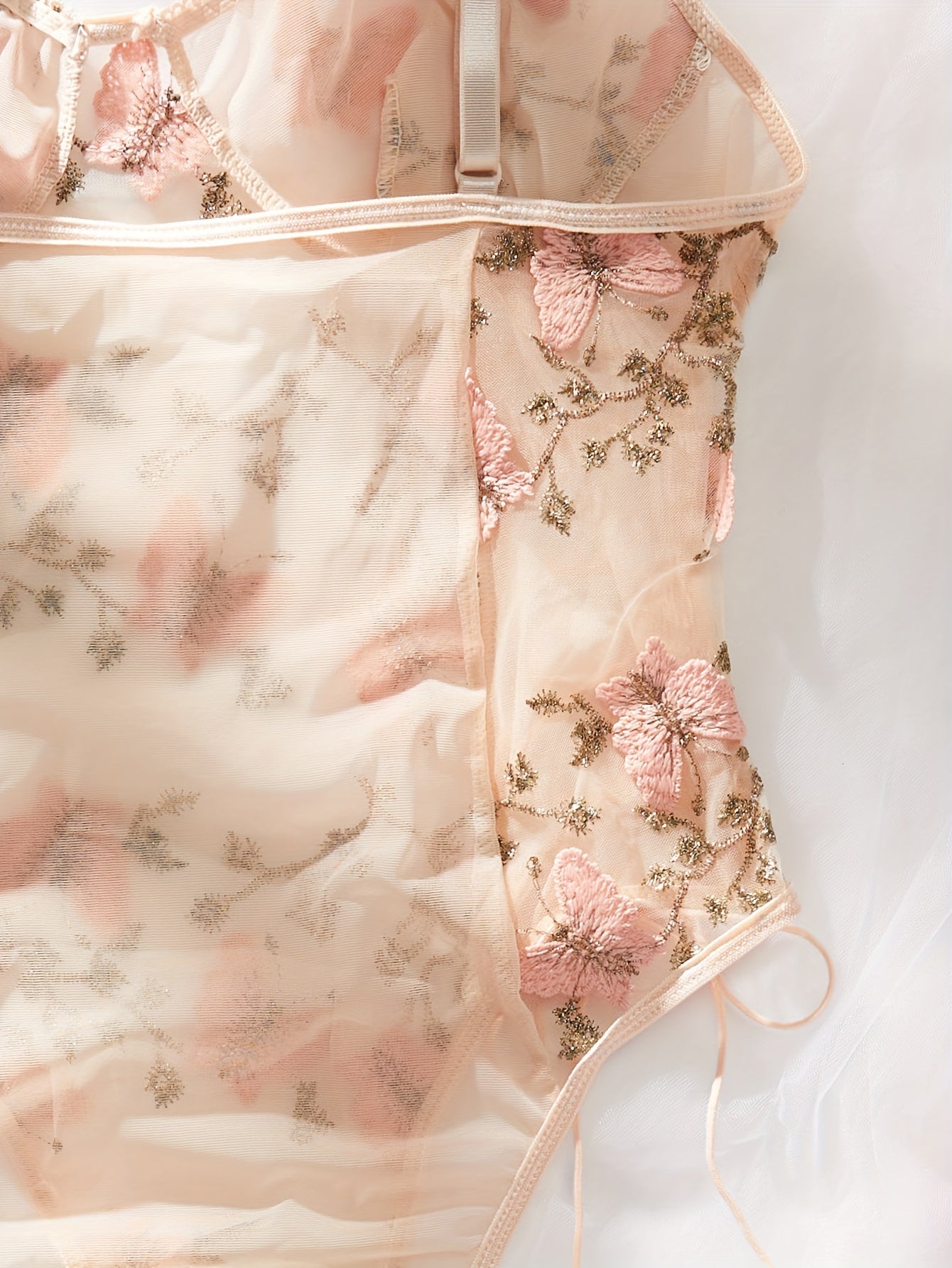 Women's Mesh Teddy Lingerie with Butterfly Embroidery and Bodysuit Design