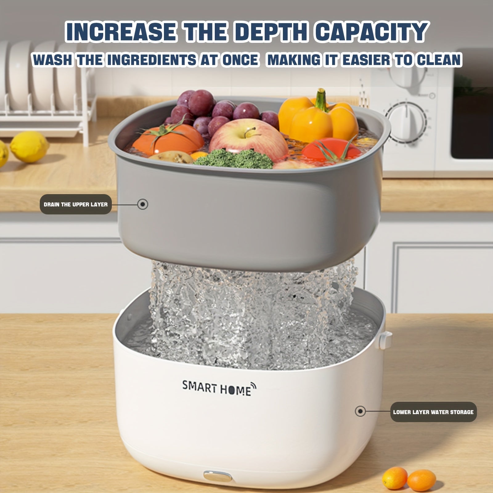 Ovoz to'lqin texnologiyasi bilan multi-funksional oshxona qurilmasi meva va sabzavotlarni tez va samarali tarzda tozalaydi. Oq rangda batareyali, aqlli uy dizayni va gradient drenaj bilan.