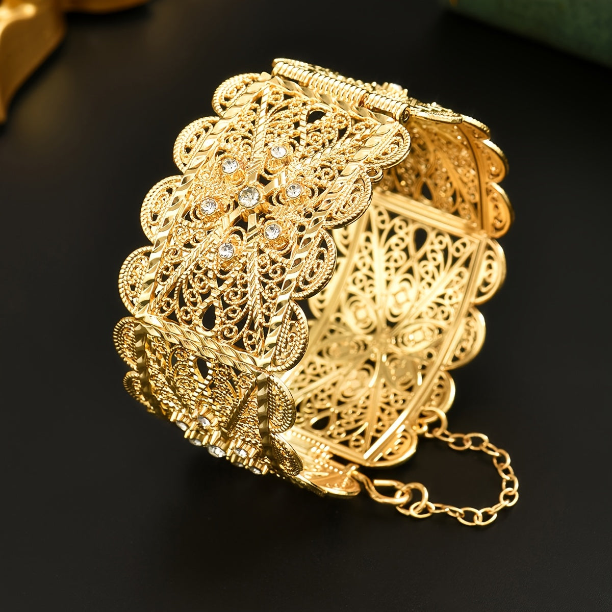 Gold Plated Zinc Alloy Bangle with Synthetic Stones Floral Open Cuff Jewelry for Weddings and Events