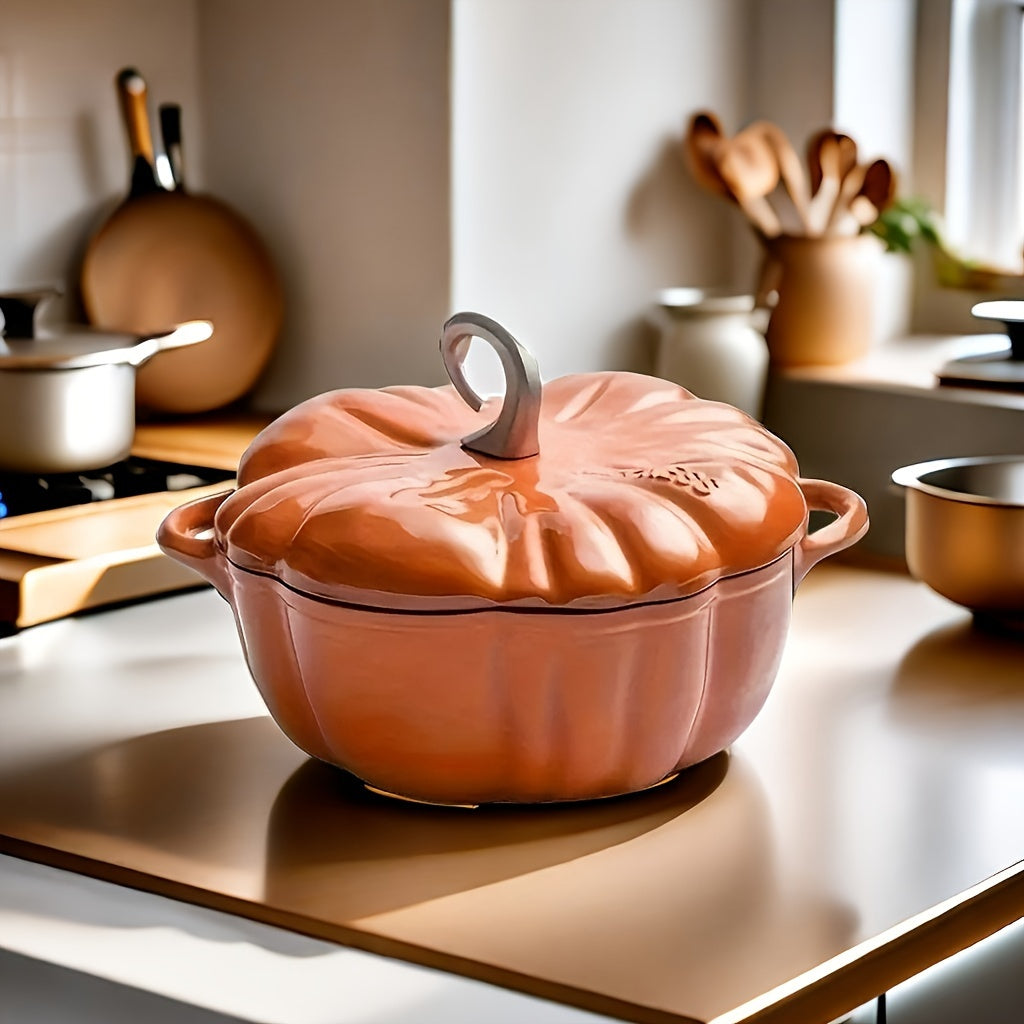 Pumpkin shaklidagi emal qoplangan quyma temir pishirish qozoni - Induksiya va gaz plitalari uchun ko'p funksiyali sho'rva qozoni, uy oshxonasi uchun mukammal, elektr energiyasi talab qilinmaydi