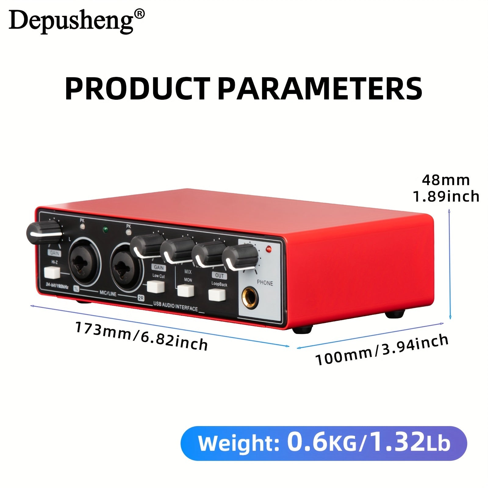 USB Audio Interface for Recording Streaming Podcasting 24Bit 96kHz XLR Phantom Power Red
