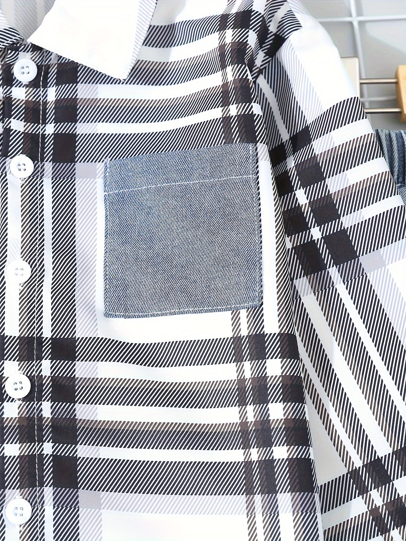 Boys' Casual Plaid Denim Shirt and Jeans Set Lightweight Polyester for Spring Fall