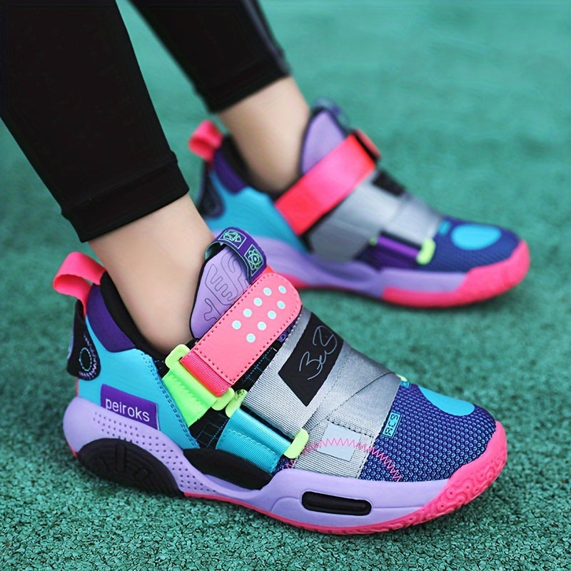 Youth Casual Basketball Sneakers Girls Pink Purple Blue Low Top TPR Sole Elastic Closure