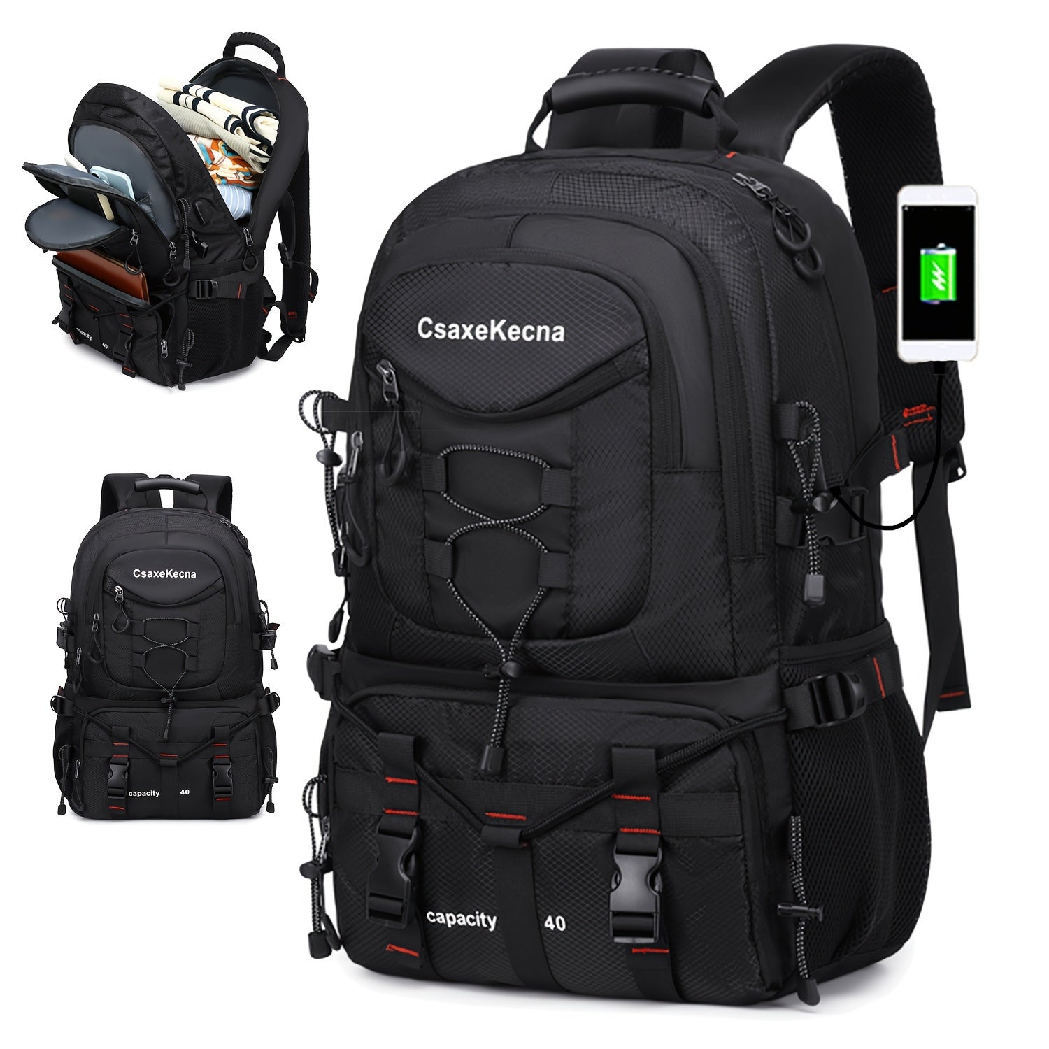 40L Hiking Backpack with Laptop Compartment USB Powered Adjustable Straps for Men and Women
