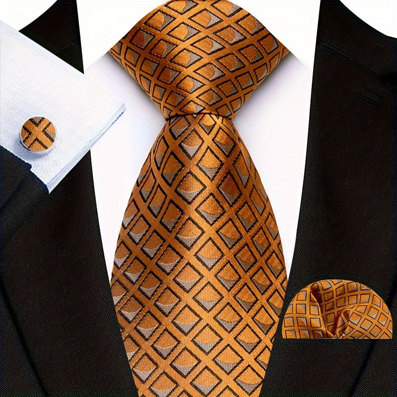 Men's Business Tie, Handkerchief, Cufflinks Set in Plaid and Stripe Designs