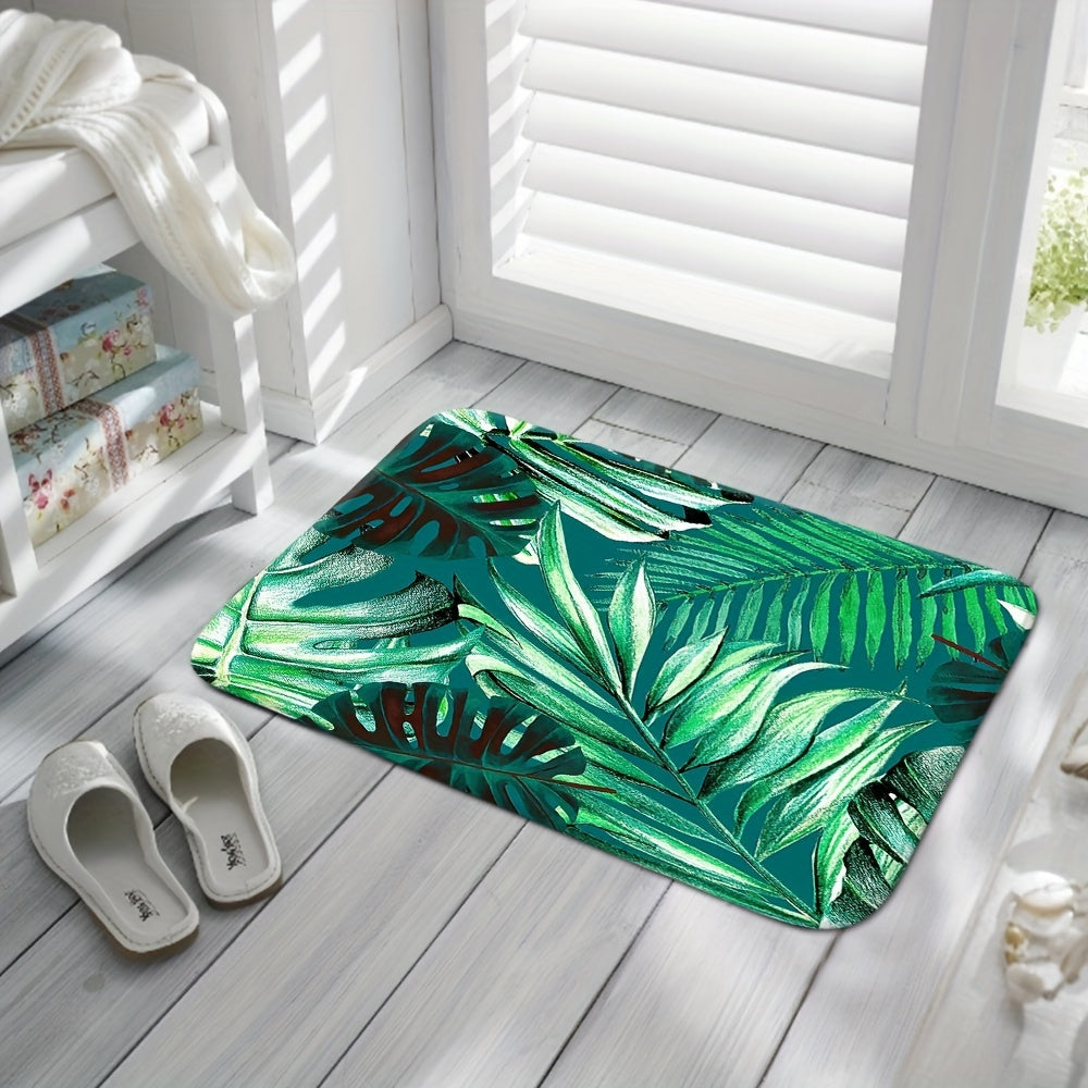 Set of 3 Green Leaf Pattern Bathroom Mats Water Absorbent Non-slip Machine Washable