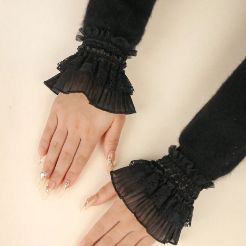Women's Elastic Fingerless Arm Warmers with Lace Cuff and Polyester Stretch Fabric