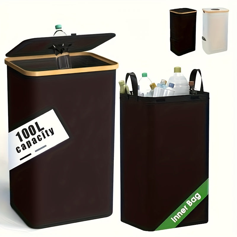 Bamboo Kitchen Recycling Bin 26 Gallon Capacity Removable Tote Bag Indoor Use