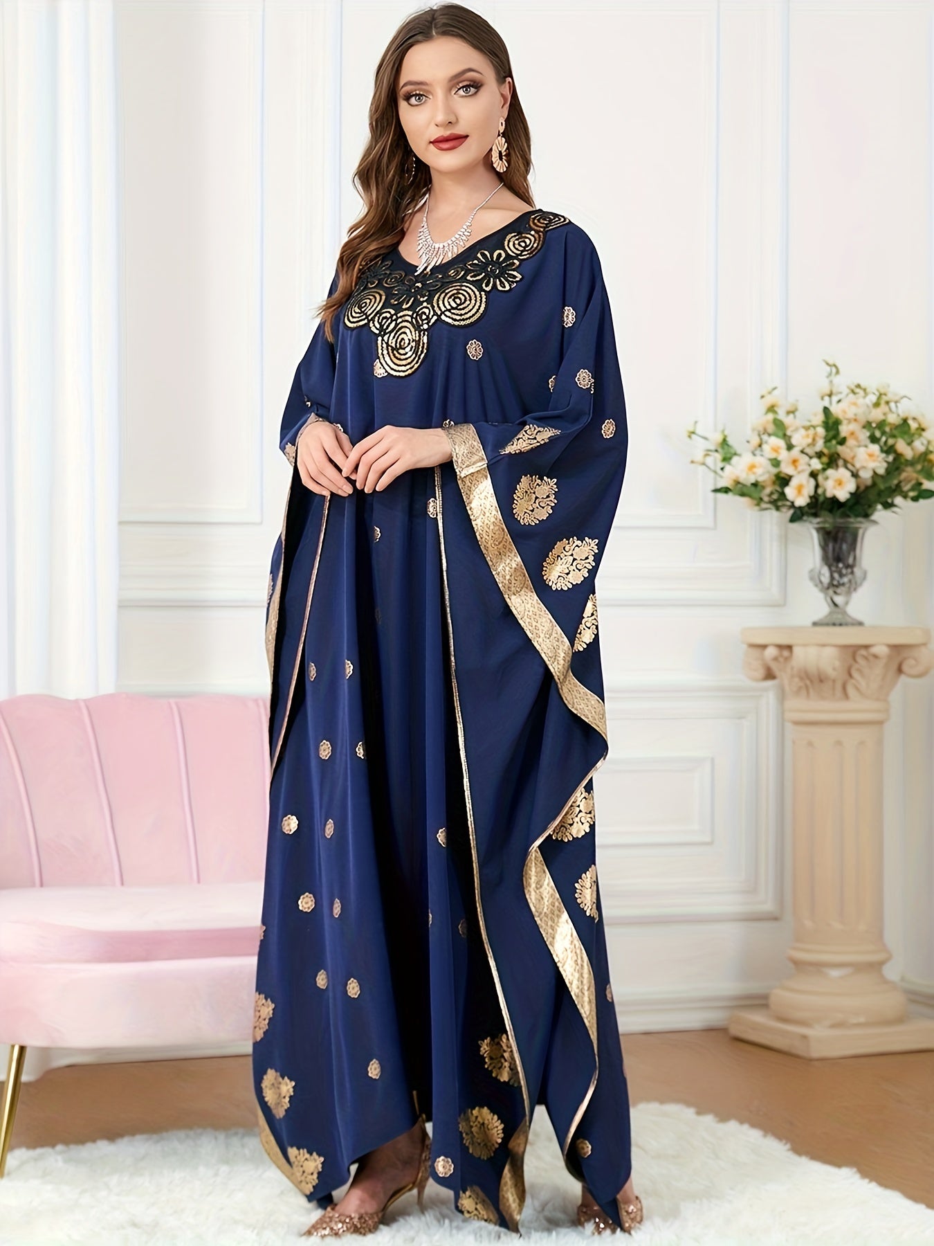 Modest Ramadan Graphic Print Batwing Sleeve Kaftan Dress with Ruffle Neckline