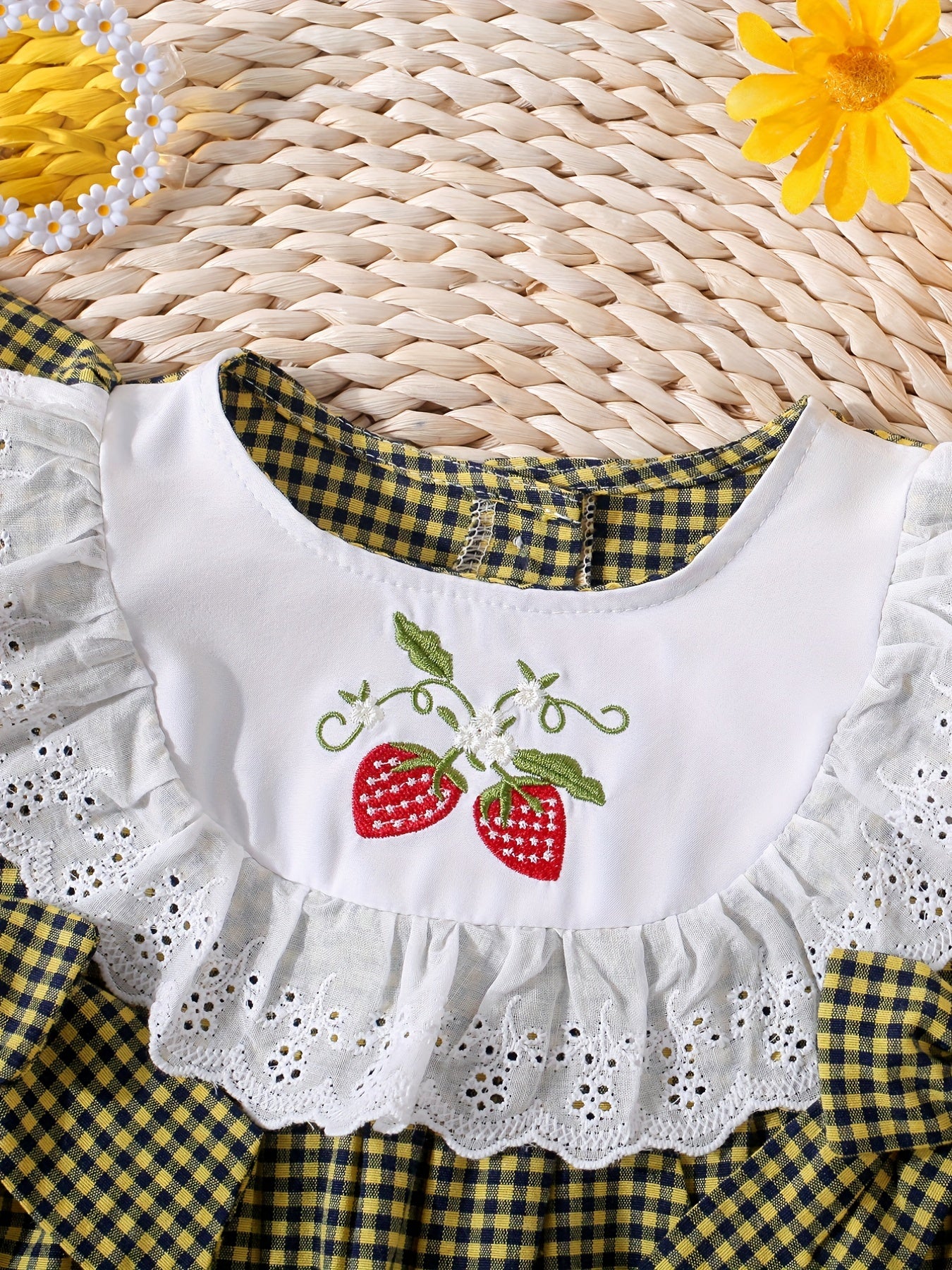 Baby Girls Plaid Onesie with Strawberry Embroidery and Bow Details for Casual Outdoor Wear