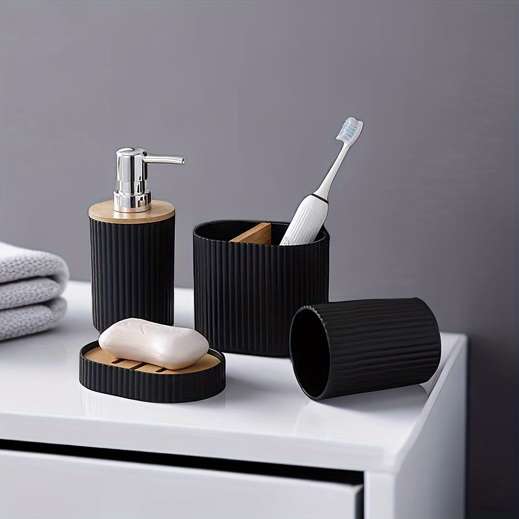 4-Piece Bamboo Bathroom Accessories Set with Dispenser, Toothbrush Holder, Soap Dish and Mat