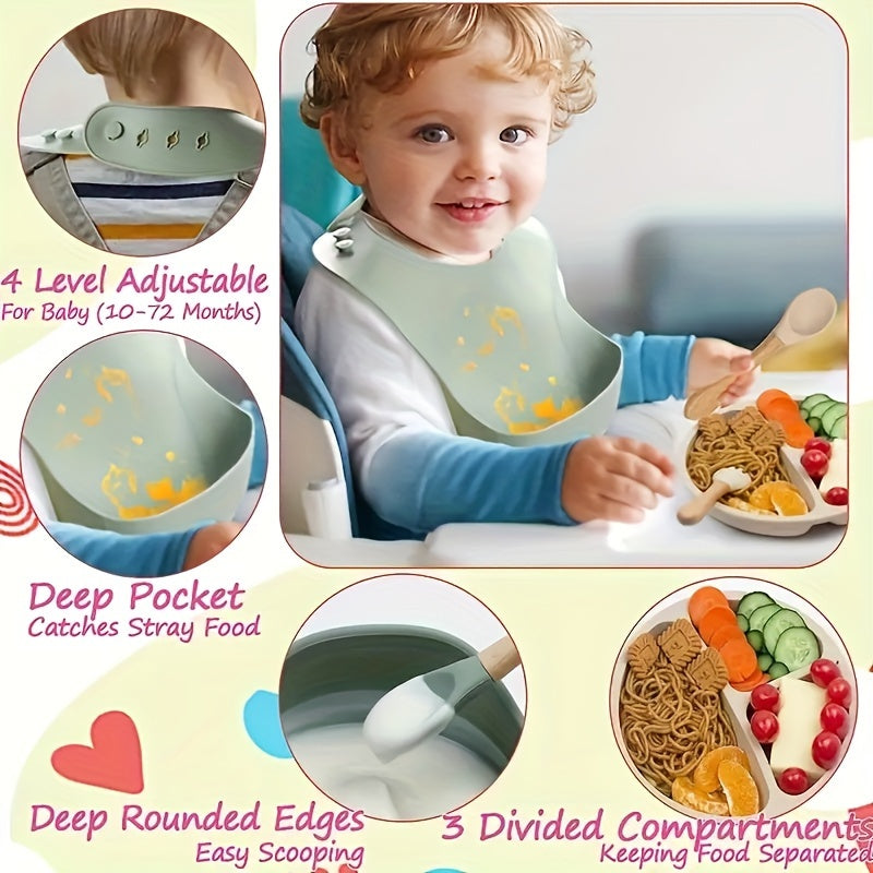 Baby Feeding Set 6 Pieces Silicone Includes Suction Bowl Divided Plate Spoon Fork Sippy Cup Bib
