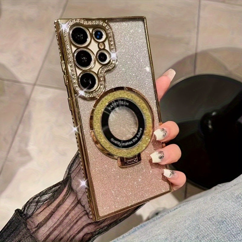Magnetic Rhinestone Glitter Case for Samsung Plus TPU Plating with Holder and Wireless Charging