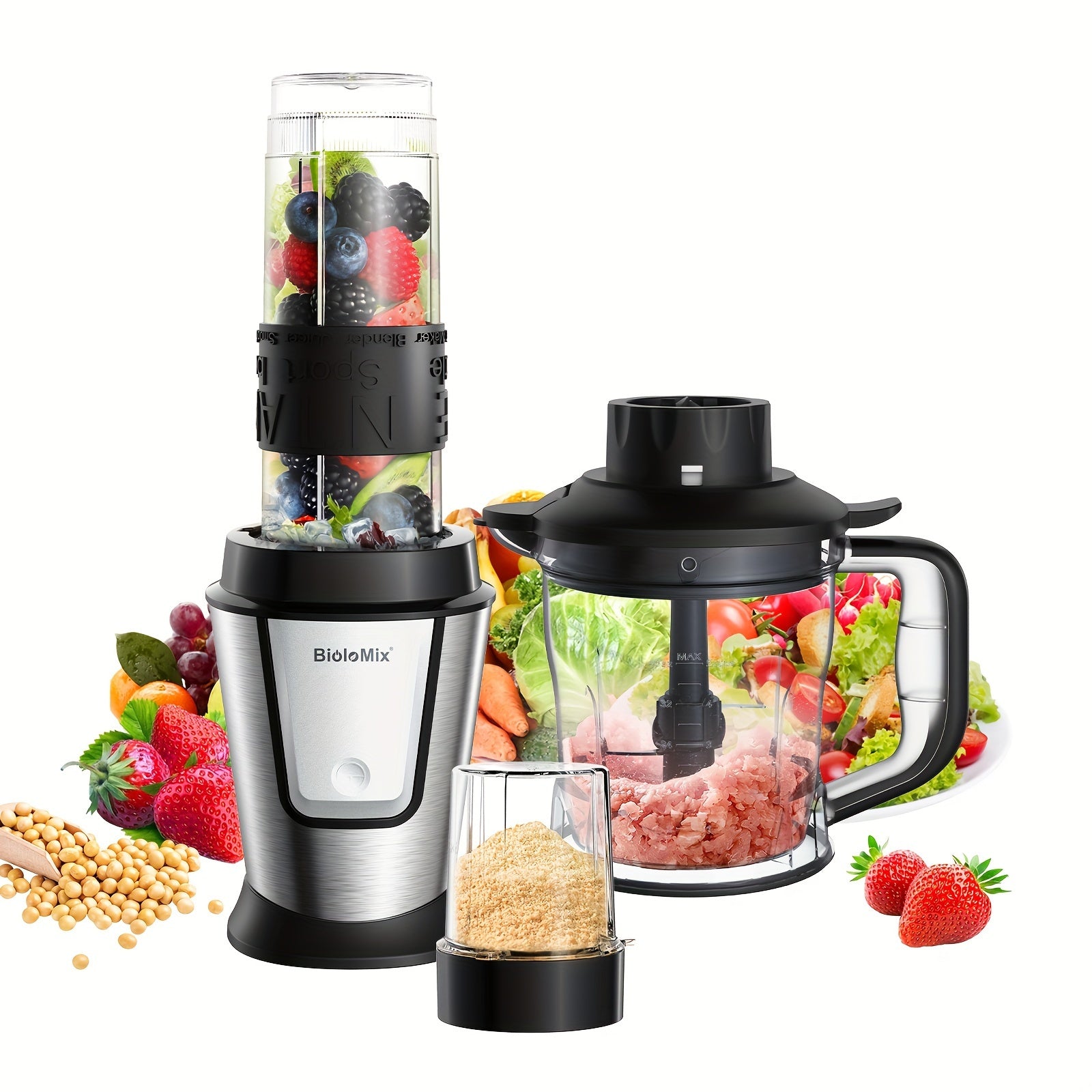 700W 3-in-1 Blender Ovqatni tayyorlash qurilmasi, Smoothie tayyorlovchi, zanglamaydigan po'lat pichoq bilan, EU rozetkasi bilan