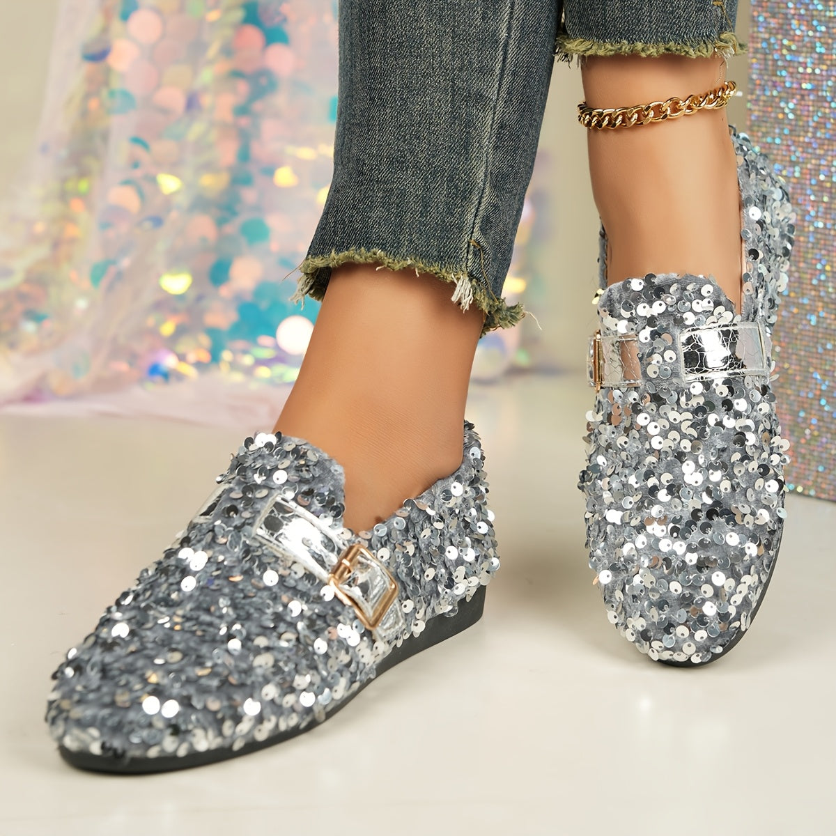 Women's Sequin Embellished Mary Jane Flats Casual Round Toe Slip-On All-Season Comfort
