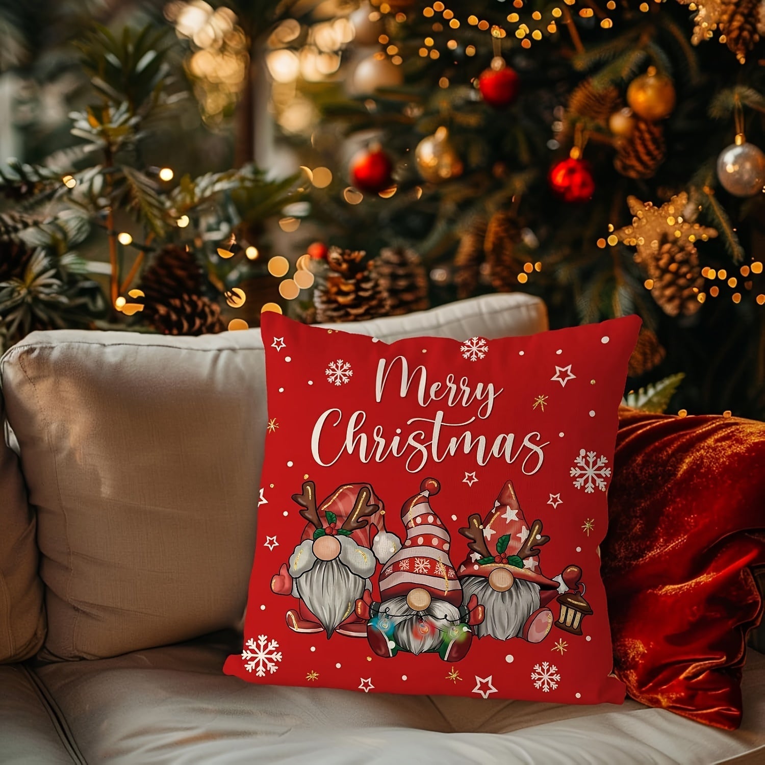 Christmas Gnome Linen Pillowcase Red Holiday Cushion Cover Zipper Machine Washable