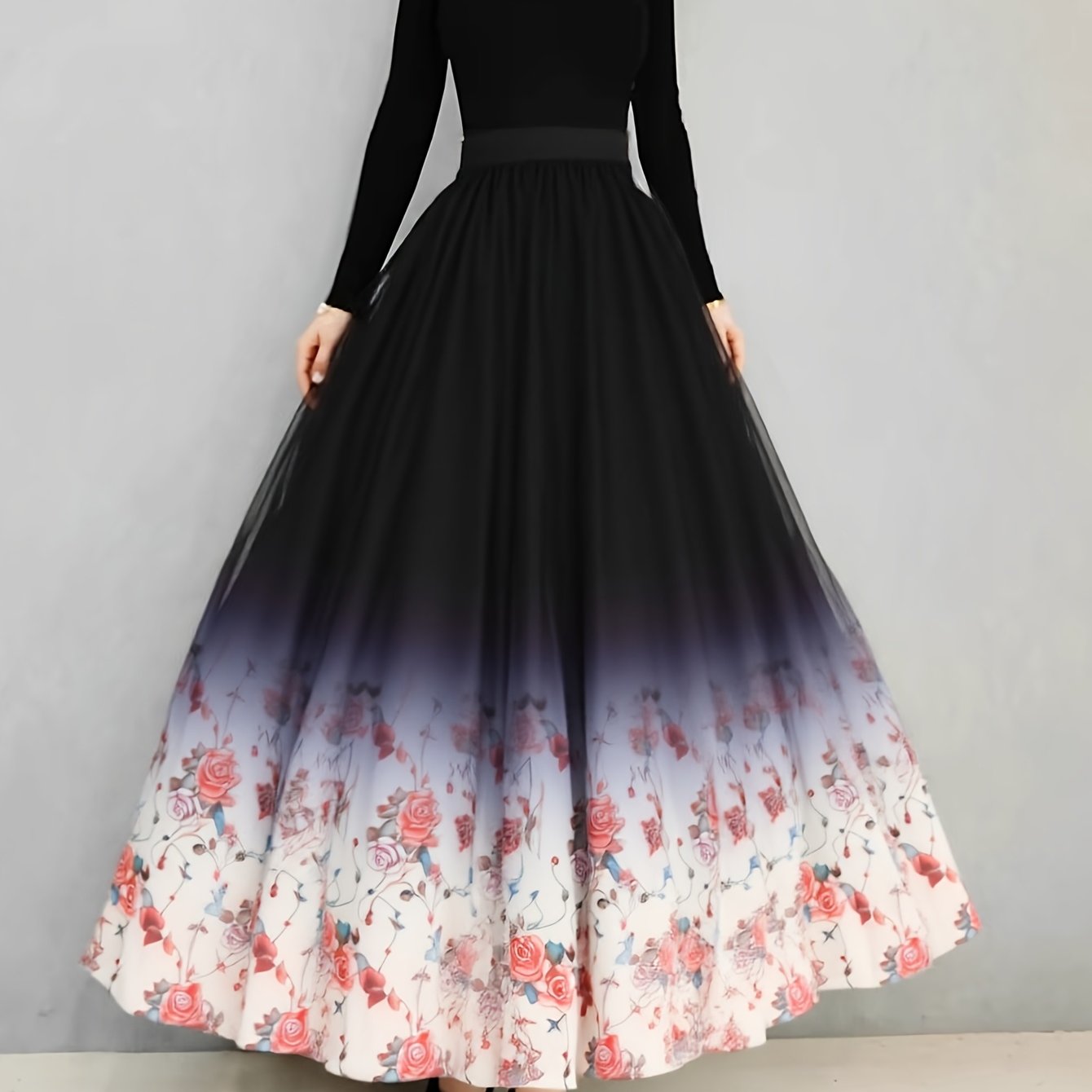 Plus Size Women's Floral Tulle Overlay A-Line Maxi Skirt Black White Elegant