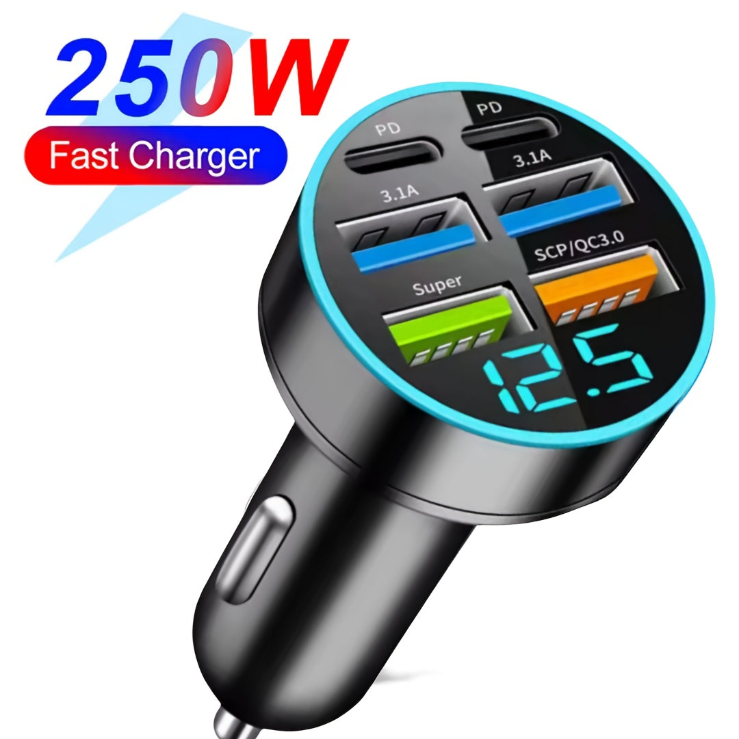Car USB C Charger 250W, 6 Ports, Fast Charging, Digital Display