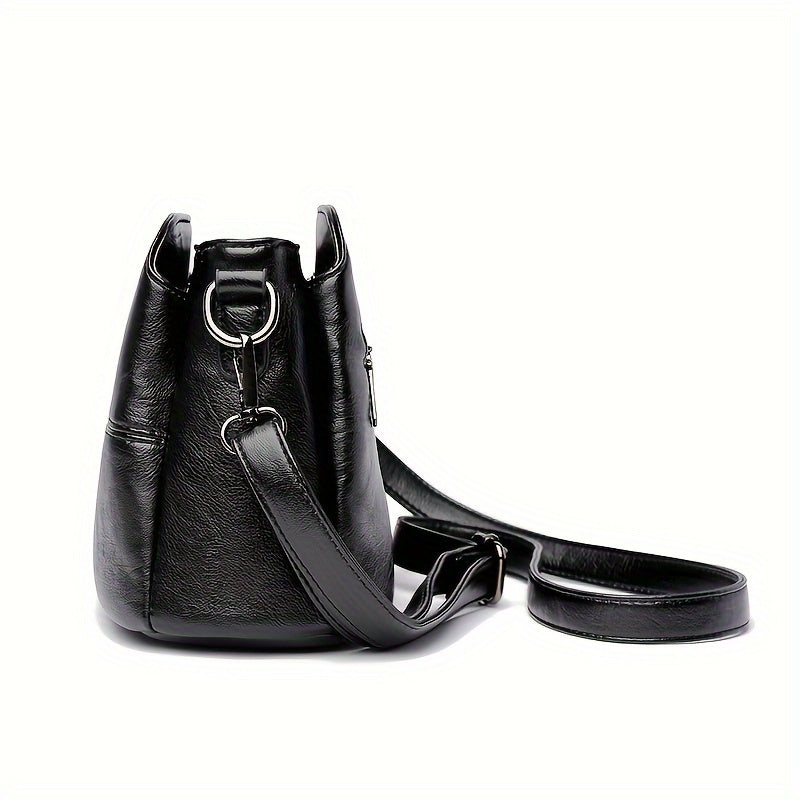 Women's Mini Crossbody Bag in Black PU Leather with Detachable Strap and Zipper Closure