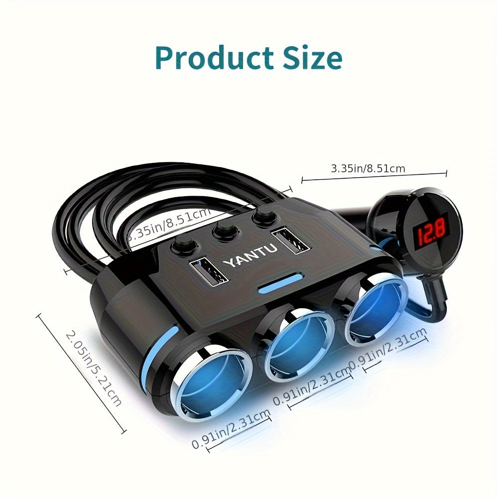 Car 3-Socket Adapter with USB, LED Voltage Meter, On/Off Switch