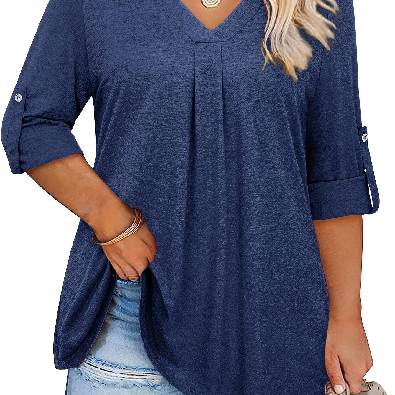 Plus Size Women's V-Neck Blouse 3/4 Sleeve Solid Color Casual Top