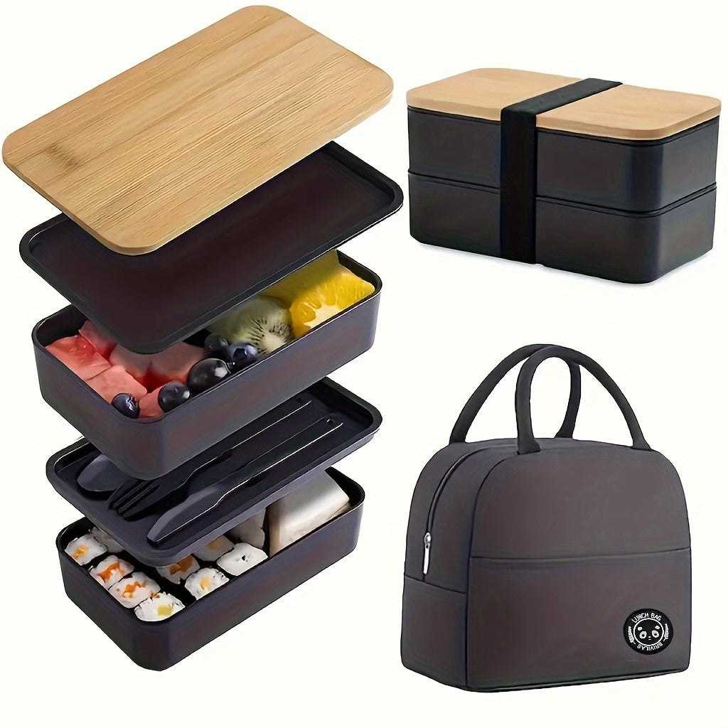 Insulated Bento Lunch Box Set with Leakproof Containers, Bamboo Lids, Dividers