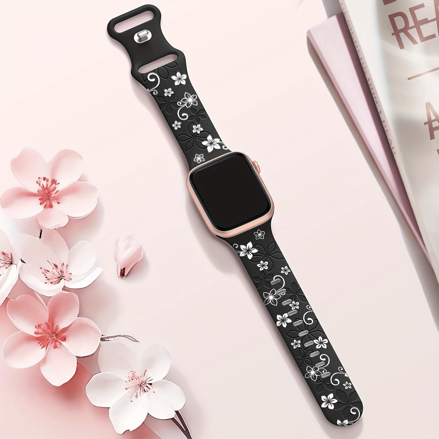 Waterproof Floral Silicone Watch Band with Butterfly Clasp for Apple Watch Series 1-10 SE in Multiple Colors
