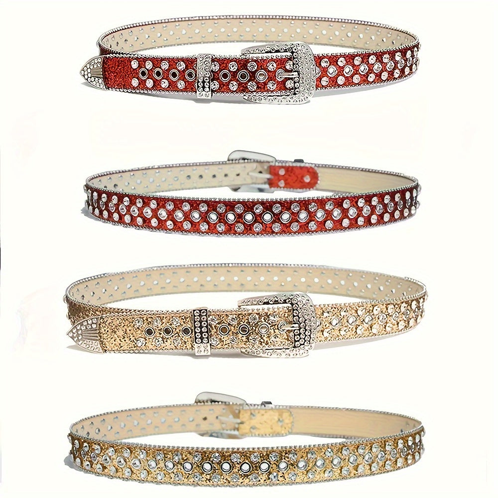 Men Women PU Belt Water Drill Skull Rivet Solid Color Stylish Accessory