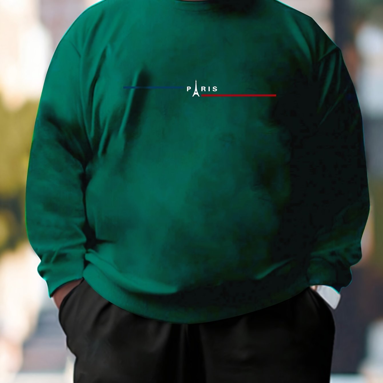 Camiseta de manga larga para hombre de talla grande con inspiración parisina y cuello redondo, con estampado de letras y tela elástica para primavera y otoño